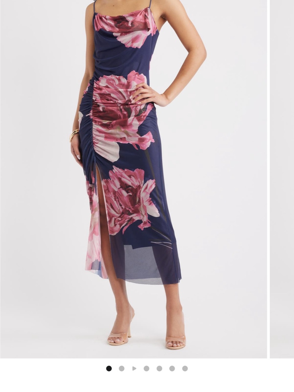 Navy & Pink Floral Ruched Midi Dress